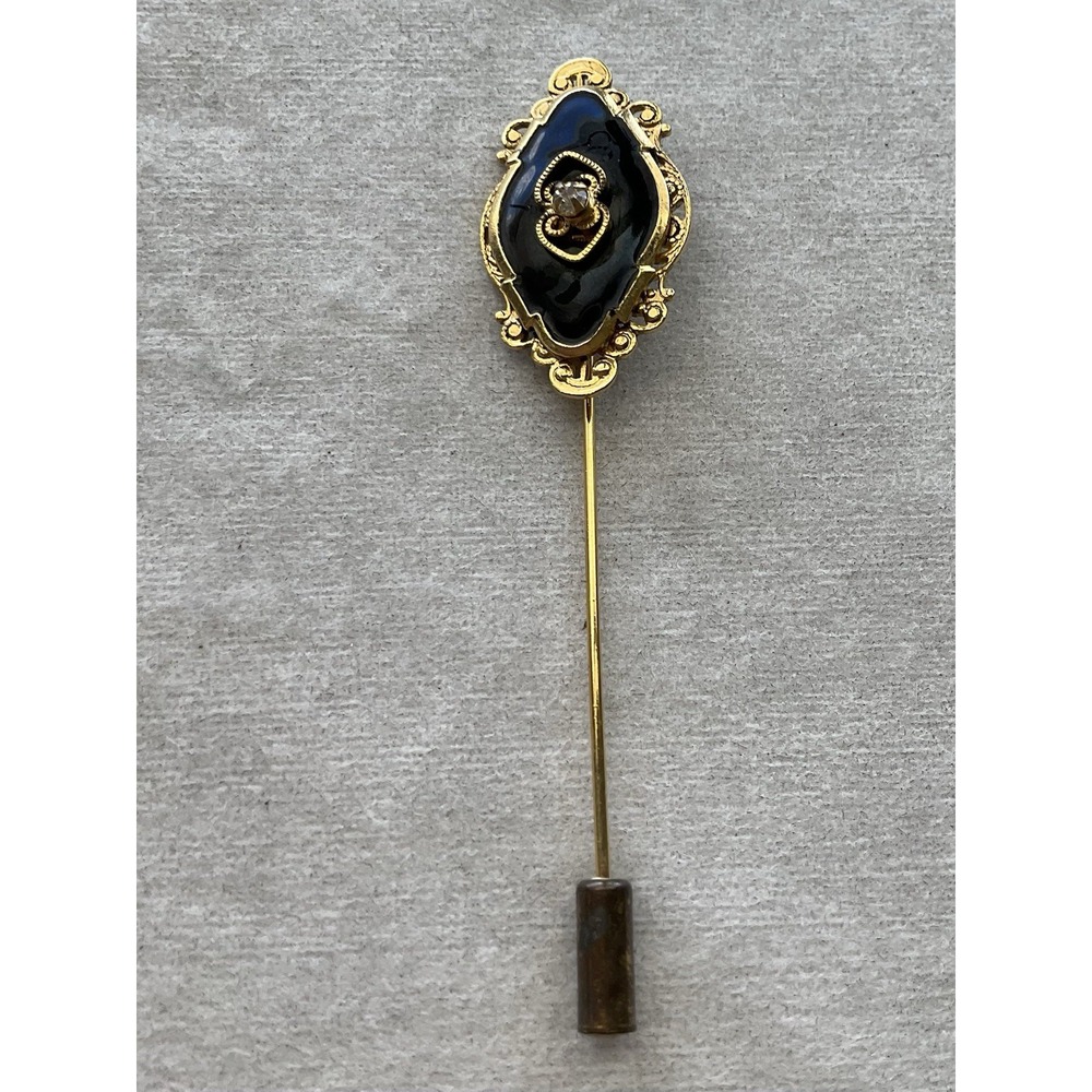 vintage Ornate gold-tone stick pin Black With A Clear Center Stone Estate Jewelr